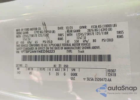 2022 Ford F-250 Xl z USA, uszkodzony, nr VIN 1FTBF2AN1NED56223